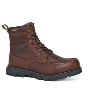 Brown waterproof leather winter boot with Thinsulate insulation, Merino wool lining, retractable cleats, anti-slip natural rubber outsole, and rust-resistant stainless steel components.