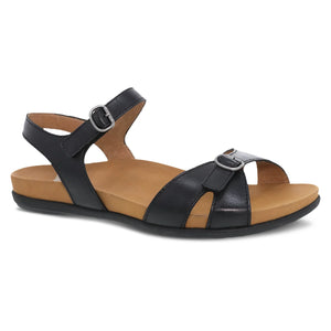 Black leather sandals with adjustable straps, cushioned sole, and sleek design for all-day comfort.