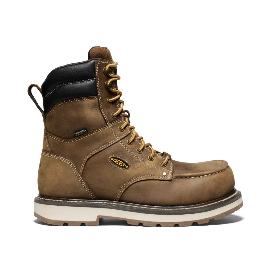 KEEN heavy-duty waterproof work boot in brown leather with black padded collar, Goodyear welt construction, carbon safety toe, and slip-resistant outsole for tough jobsite environments.