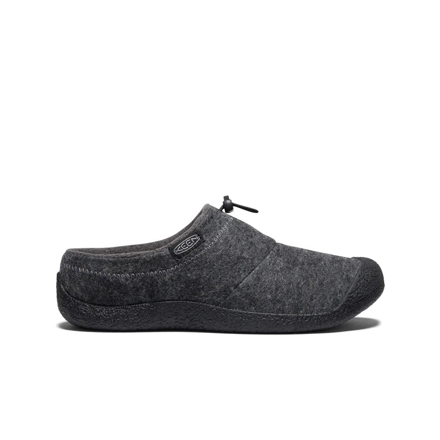 Side view of men’s charcoal KEEN Howser III slip-on with natural felt upper, bungee toggle, cushioned removable insole, and grippy non-marking rubber sole.