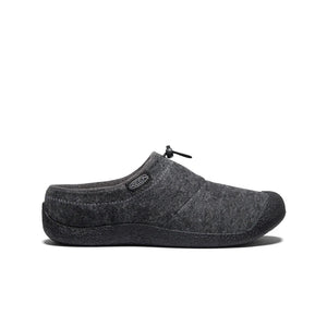 Side view of men’s charcoal KEEN Howser III slip-on with natural felt upper, bungee toggle, cushioned removable insole, and grippy non-marking rubber sole.