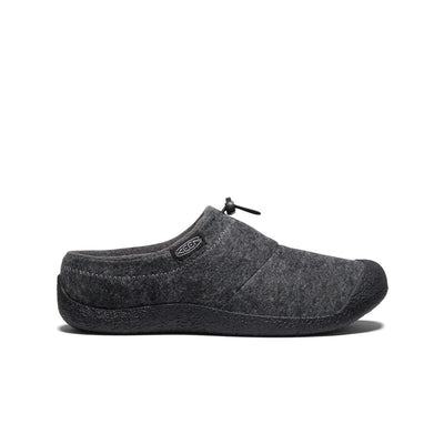 Side view of men’s charcoal KEEN Howser III slip-on with natural felt upper, bungee toggle, cushioned removable insole, and grippy non-marking rubber sole.