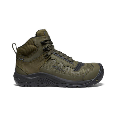 KEEN waterproof olive green work boot with carbon toe, breathable mesh, and slip-resistant outsole; designed for light-duty use with high flexibility and electrical hazard protection.
