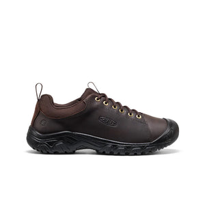Side view of brown KEEN Targhee IV Oxford; smooth leather upper, fused construction, Luftcell cushioning, and multi-directional traction lugs.