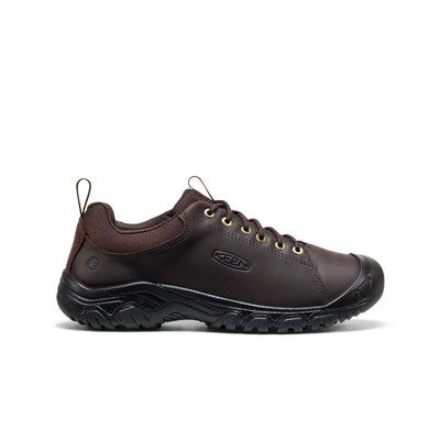 Side view of brown KEEN Targhee IV Oxford; smooth leather upper, fused construction, Luftcell cushioning, and multi-directional traction lugs.