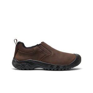 Men’s brown slip-on hiker by KEEN—Targhee IV with arch support, removable insole, cushioned midsole, and non-marking rubber traction; outdoor-ready comfort.