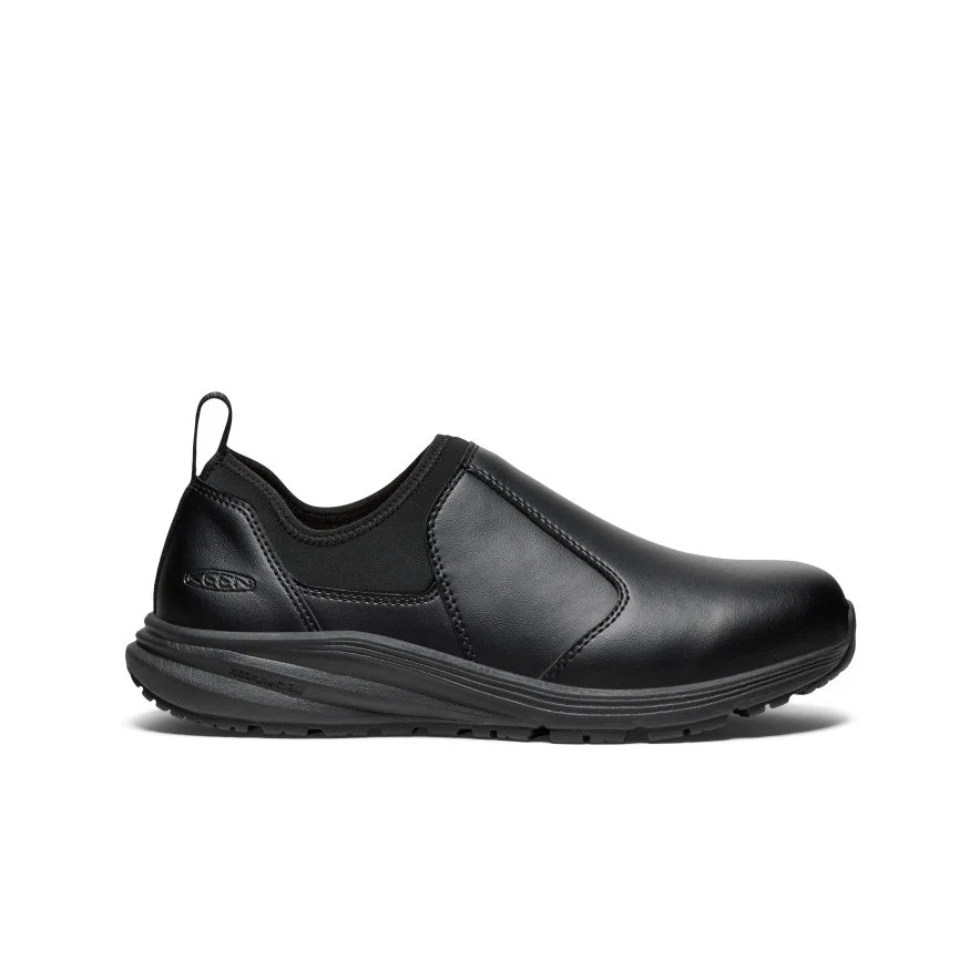KEEN black slip-on work shoe with waterproof leather upper, non-slip outsole, and elastic side panels for easy on/off; designed for service and high-security environments.