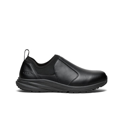 KEEN black slip-on work shoe with waterproof leather upper, non-slip outsole, and elastic side panels for easy on/off; designed for service and high-security environments.