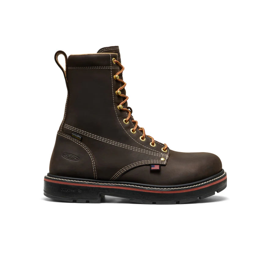 KEEN Utility Men’s Liberty 8-inch waterproof work boot in dark brown leather with carbon toe and heat-resistant outsole, assembled in the USA for durable jobsite comfort.