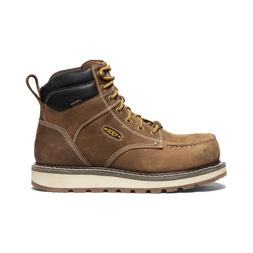 KEEN Utility Men’s Cincinnati waterproof work boot in brown leather with carbon toe, Goodyear welt, and slip-resistant sole for heavy-duty protection.