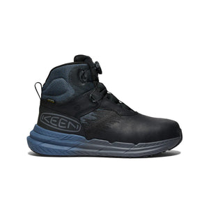 KEEN Utility Men’s Snapline waterproof work boot in indigo blue with carbon toe, BOA-style dial closure, and slip-resistant sole for lightweight protection."