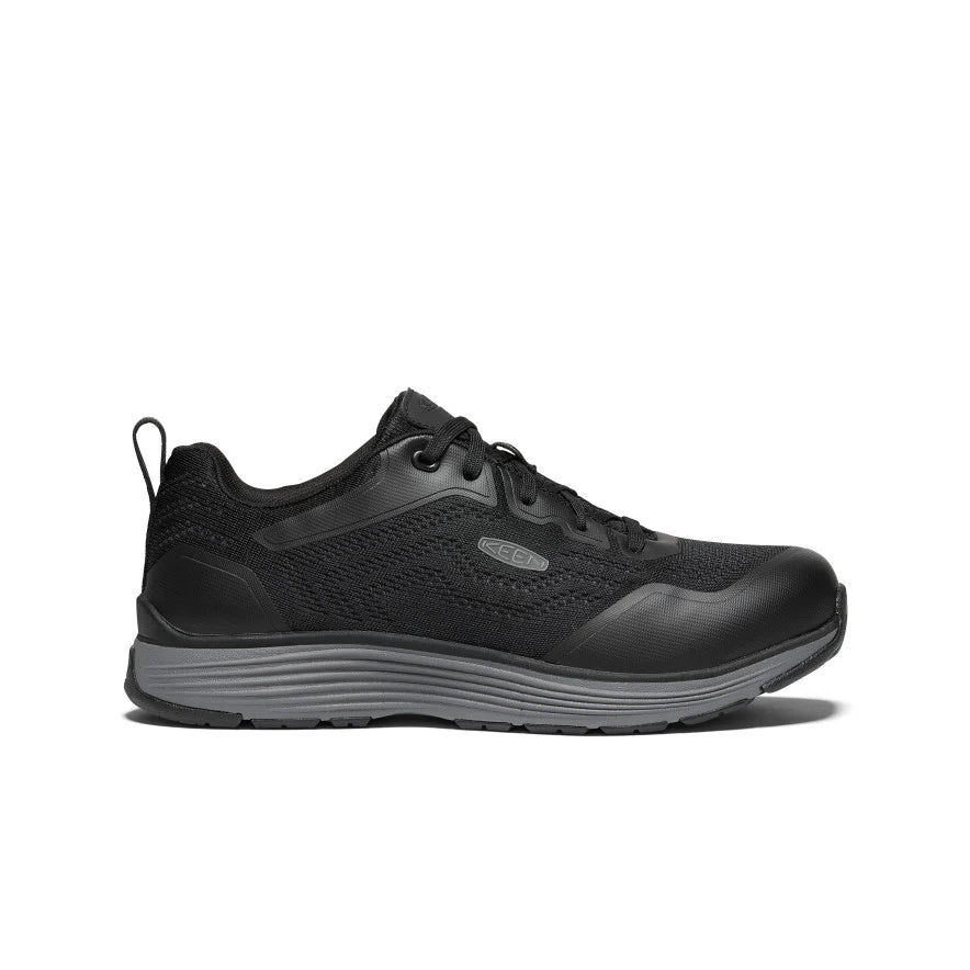 KEEN Utility Men’s Spart II ESD black work sneaker with aluminum safety toe, non-slip sole, and energy-returning midsole for lightweight protection.