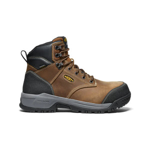 Women’s KEEN Utility Evanston 6″ work boot in Bison brown with waterproof leather, carbon safety toe, and ReGEN cushioning for comfort and durability.