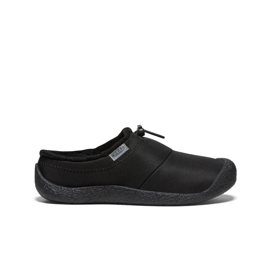Black nylon KEEN Howser III women’s slide—hybrid house-to-street clog with quick-cinch bungee, generous toe space, and grippy rubber sole.