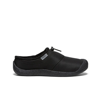 Black nylon KEEN Howser III women’s slide—hybrid house-to-street clog with quick-cinch bungee, generous toe space, and grippy rubber sole.