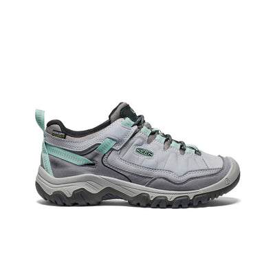 Side view of grey/teal KEEN Targhee IV WP—wide fit, fused construction, Luftcell cushioning, and multi-directional lugs.