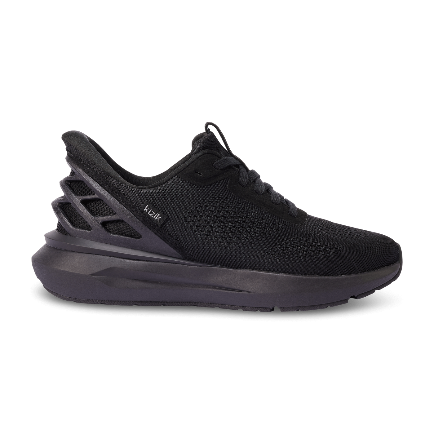 Kizik Athens 2 men's sneaker in blackout colorway with breathable mesh upper, hands-free heel cage, cushioned dark midsole, and full rubber outsole for support, comfort, and traction."