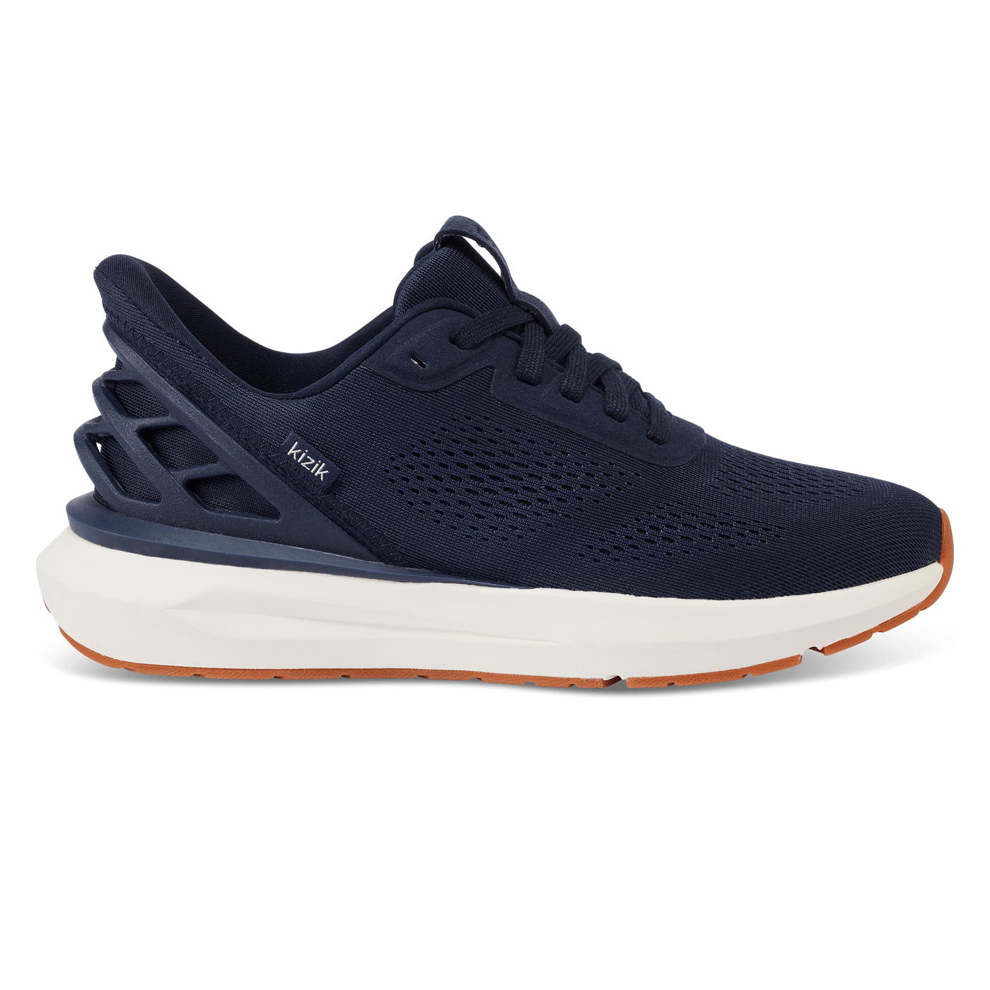 Kizik Athens 2 men's sneaker in navy blue with breathable mesh upper, hands-free heel cage, cushioned white midsole, gum rubber outsole, and arch-supporting insole for all-day comfort.
