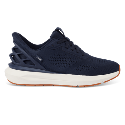 Kizik Athens 2 men's sneaker in navy blue with breathable mesh upper, hands-free heel cage, cushioned white midsole, gum rubber outsole, and arch-supporting insole for all-day comfort.