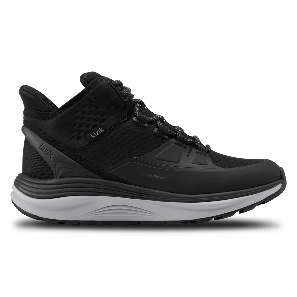 Kizik London AT Mid men’s sneaker in black, featuring waterproof ballistic nylon, ergonomic rocker sole, cushioned Arch Form™ insole, and slip-on HandsFree technology.