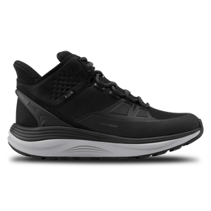 Kizik London AT Mid men’s sneaker in black, featuring waterproof ballistic nylon, ergonomic rocker sole, cushioned Arch Form™ insole, and slip-on HandsFree technology.