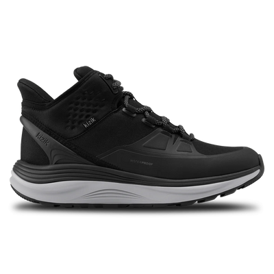 Kizik London AT Mid men’s sneaker in black, featuring waterproof ballistic nylon, ergonomic rocker sole, cushioned Arch Form™ insole, and slip-on HandsFree technology.