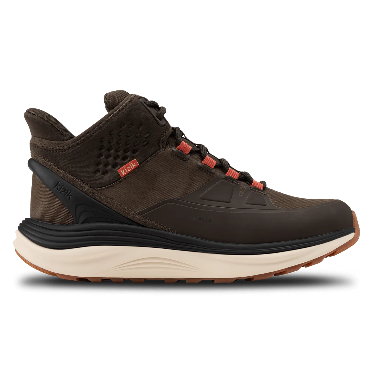 Brown Kizik London AT Mid waterproof sneaker with HandsFree Labs® step-in tech, cushioned dual-density midsole, and rugged outsole for traction and all-day comfort.