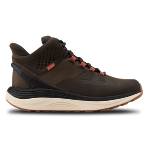 Brown Kizik London AT Mid waterproof sneaker with HandsFree Labs® step-in tech, cushioned dual-density midsole, and rugged outsole for traction and all-day comfort.