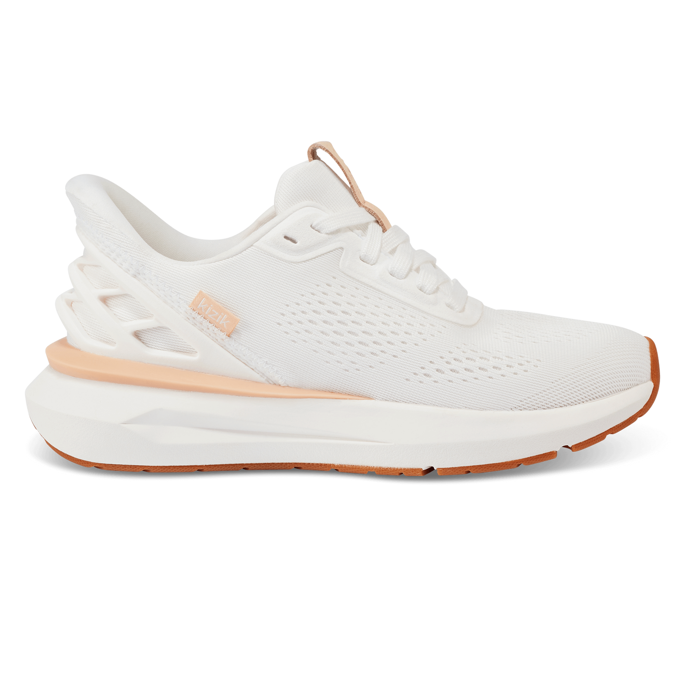 Kizik Athens 2 women's sneaker in bright white with peach accents, breathable mesh upper, hands-free heel cage, cushioned midsole, arch support insole, and grippy rubber outsole.