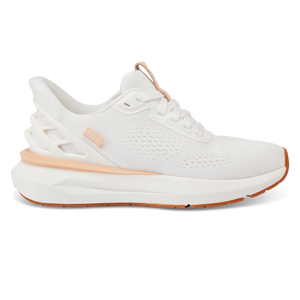 Kizik Athens 2 women's sneaker in bright white with peach accents, breathable mesh upper, hands-free heel cage, cushioned midsole, arch support insole, and grippy rubber outsole.