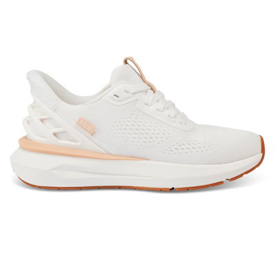 Kizik Athens 2 women's sneaker in bright white with peach accents, breathable mesh upper, hands-free heel cage, cushioned midsole, arch support insole, and grippy rubber outsole.