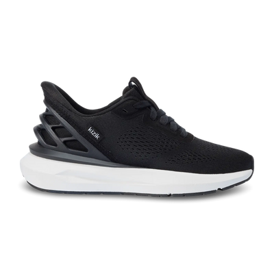 Kizik Athens 2 women's sneaker in black with breathable mesh upper, hands-free heel cage, cushioned white midsole, arch support insole, and full rubber outsole for traction and comfort.