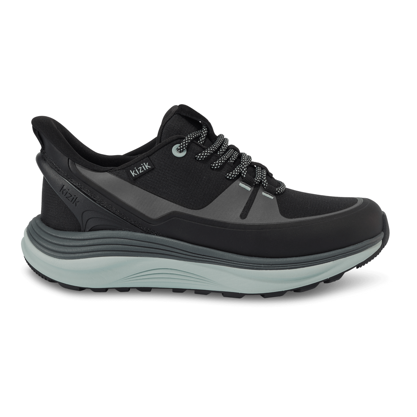 Kizik London AT women’s sneaker in black and surf spray with lace-up front, cushioned sole, breathable upper, and spring-back heel for hands-free wear and all-terrain comfort.