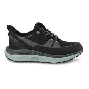 Kizik London AT women’s sneaker in black and surf spray with lace-up front, cushioned sole, breathable upper, and spring-back heel for hands-free wear and all-terrain comfort.