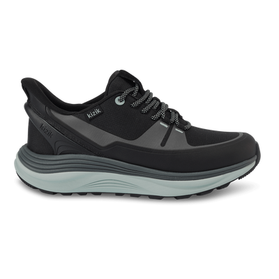 Kizik London AT women’s sneaker in black and surf spray with lace-up front, cushioned sole, breathable upper, and spring-back heel for hands-free wear and all-terrain comfort.