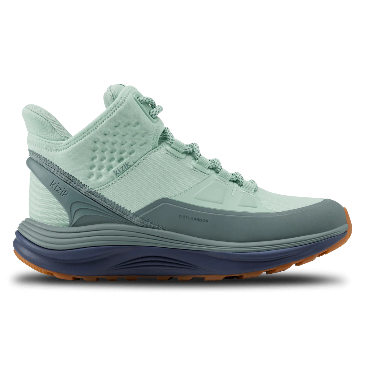 Surf Spray green Kizik London AT Mid women’s shoe featuring waterproof nylon upper, ergonomic rocker sole, Arch Form™ insole, and quick step-in Flex Arc™ design.