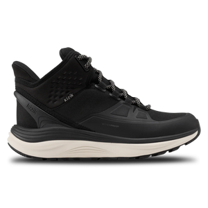 Black Kizik London AT Mid women’s shoe featuring waterproof nylon, ergonomic rocker sole, Arch Form™ insole, and HandsFree slip-on tech for comfort and durability.