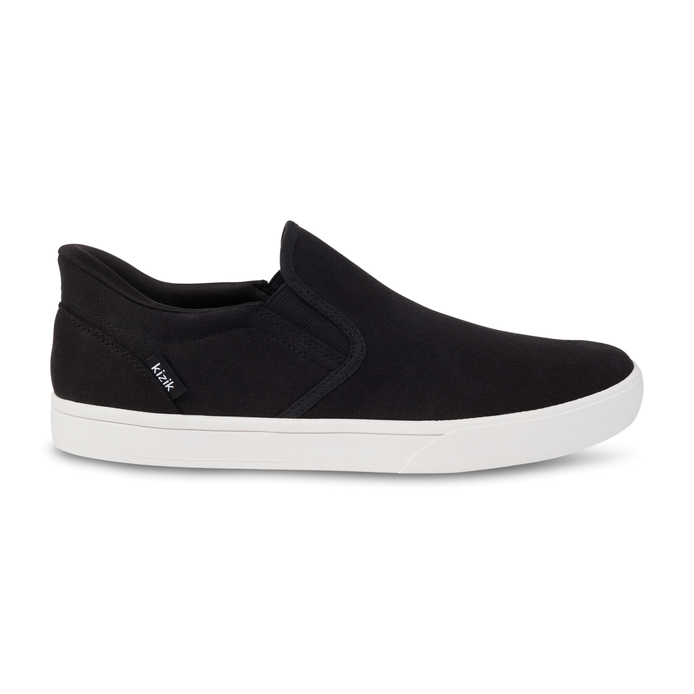 Kizik Venice men's slip-on shoe in black with stretch canvas upper, white sole, cushioned footbed, and spring-back heel for hands-free wear and all-day comfort.