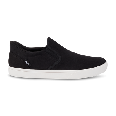 Kizik Venice men's slip-on shoe in black with stretch canvas upper, white sole, cushioned footbed, and spring-back heel for hands-free wear and all-day comfort.