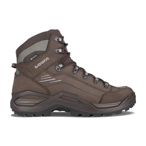 LOWA men's Renegade EVO GTX Mid hiking boot in espresso/seaweed, featuring nubuck leather upper, GORE-TEX waterproof lining, Vibram outsole, and dual-density midsole for comfort and support.