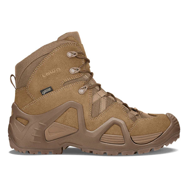 LOWA women's Zephyr GTX Mid TF hiking boot in coyote brown, featuring split leather and fabric upper, GORE-TEX waterproof lining, Monowrap PU frame, and rugged LOWA CROSS II outsole.