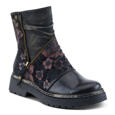 Black multi L’Artiste Avrilrose ankle boots with floral embossed leather, ruched denim, and decorative zipper design.
