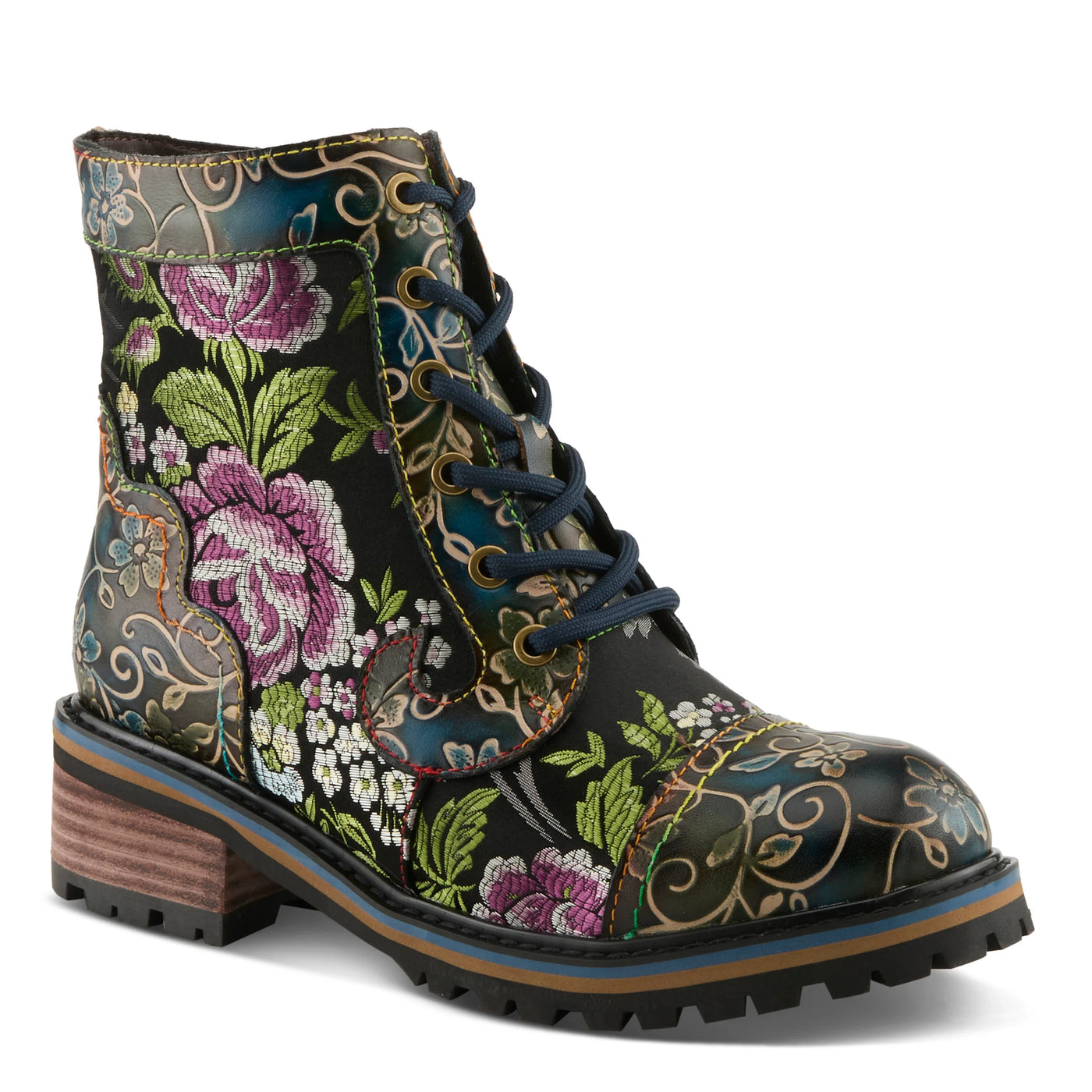 L’Artiste Fantastic women’s blue floral lace-up boots featuring hand-painted leather, embroidered panels, and rugged outsole.