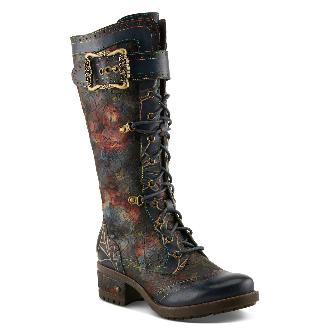 Women’s L’Artiste Kisha knee-high boots in navy multi with floral print leather, decorative buckle, rainbow stitching, and inside zipper.
