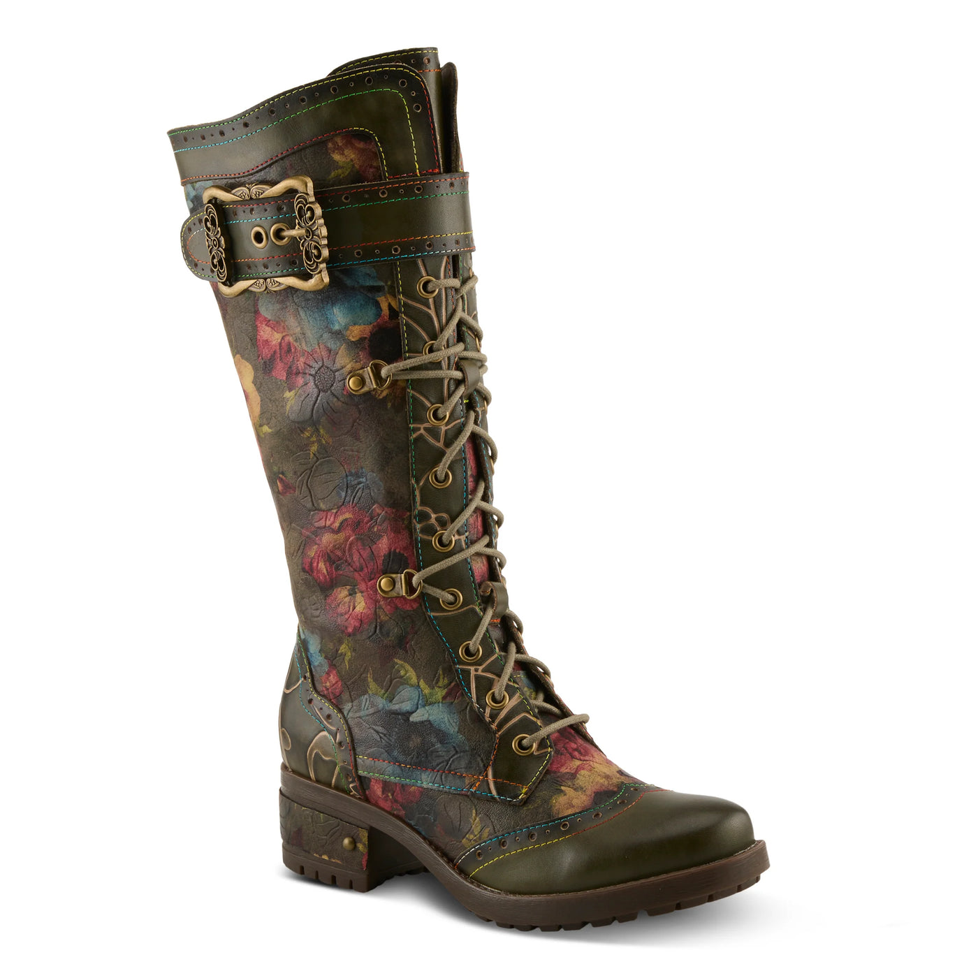 Women’s L’Artiste Kisha knee-high boots in olive multi with floral print, ornate buckle, rainbow stitching, and inside zipper.