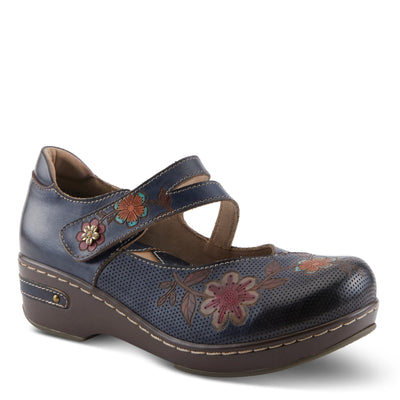 Navy multi L’Artiste Mamattaish clog featuring floral hand-painted leather, cushioned outsole, and adjustable strap for all-day comfort.
