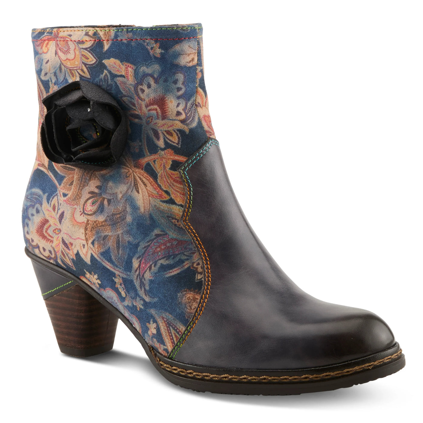 Women’s L’Artiste Naima ankle boots in blue multi with floral print, leather combo design, side rose embellishment, and mid stacked heel.
