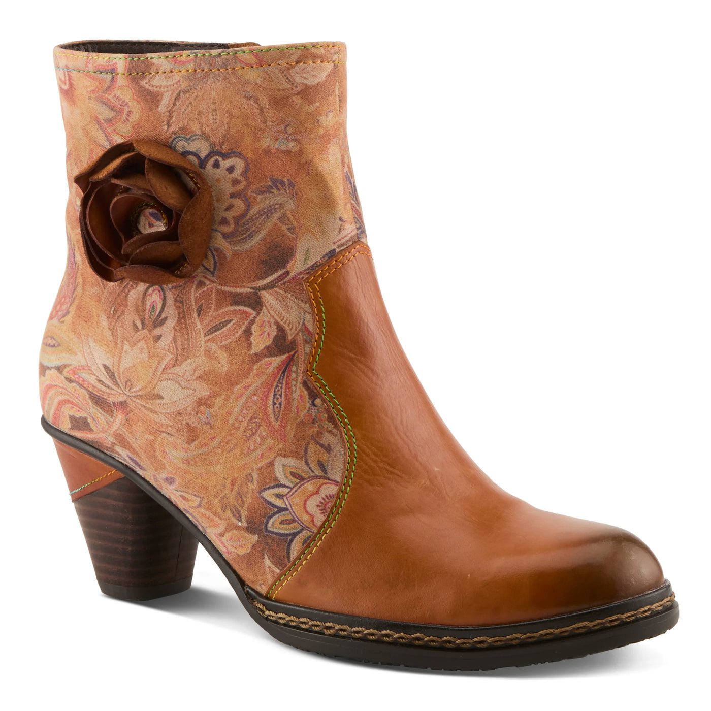 Women’s L’Artiste Naima brown leather ankle boot featuring artistic rose detail, mixed textures, cushioned insole, and side zipper closure.