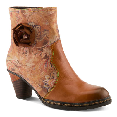 Women’s L’Artiste Naima brown leather ankle boot featuring artistic rose detail, mixed textures, cushioned insole, and side zipper closure.
