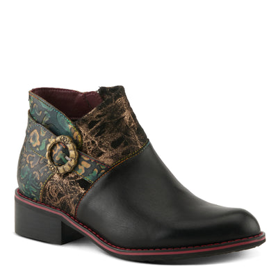 Black L’Artiste Tiatia ankle boot with decorative rose buckle, artistic textures, and low stacked heel for stylish comfort.